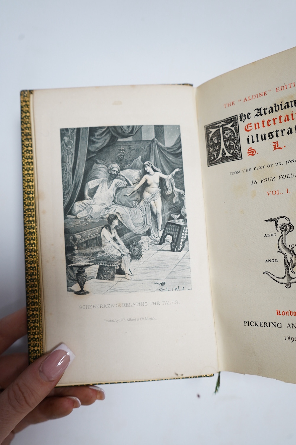 Wood, S.L (illustrator) - The Arabian Nights Entertainment…from the text of Dr. Jonathan Scott, the ‘’Alpine’’ edition, 4 vols, 12mo, fine green morocco gilt bindings, frontispieces, numerous photogravured plates, Picker